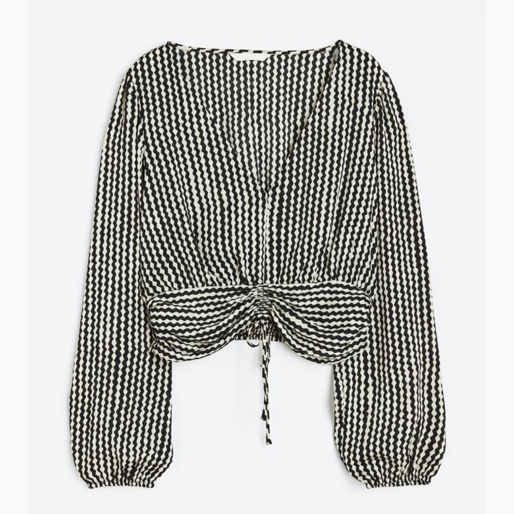H&M Black/White Geometric Drawstring Blouse